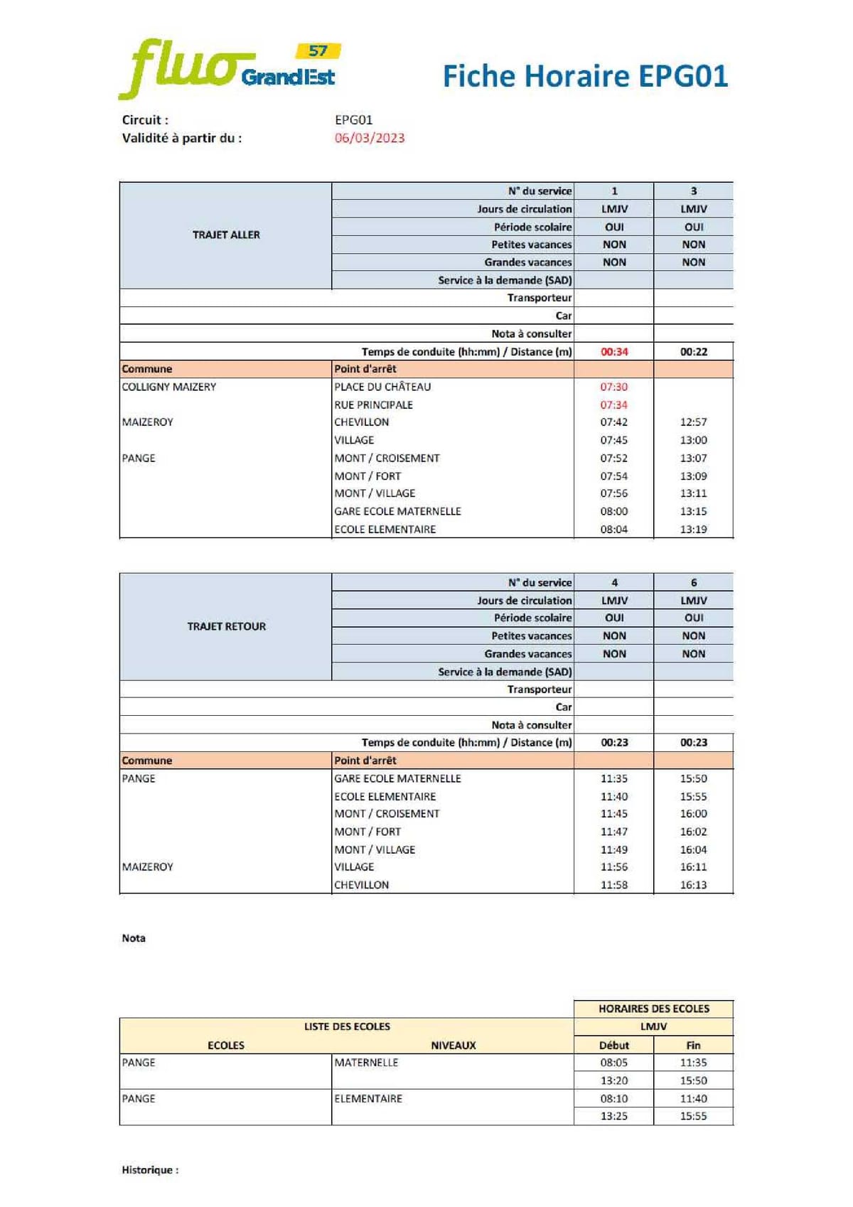 Horaires du Bus pour l'Ecole primaire et maternelle pour la rentrée 2023/2024